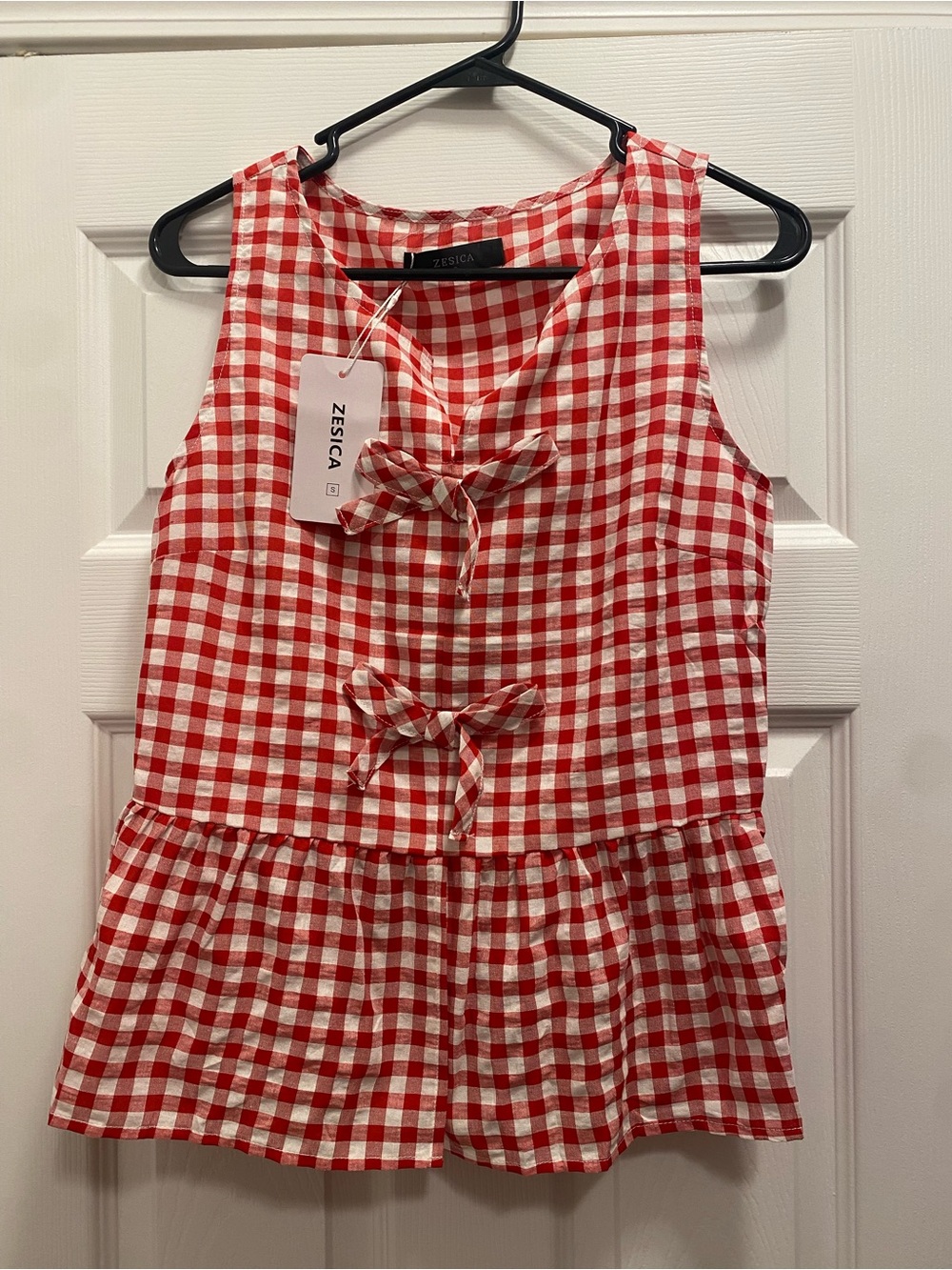 Zesica Red & White Gingham Tie-Front Peplum Tank
